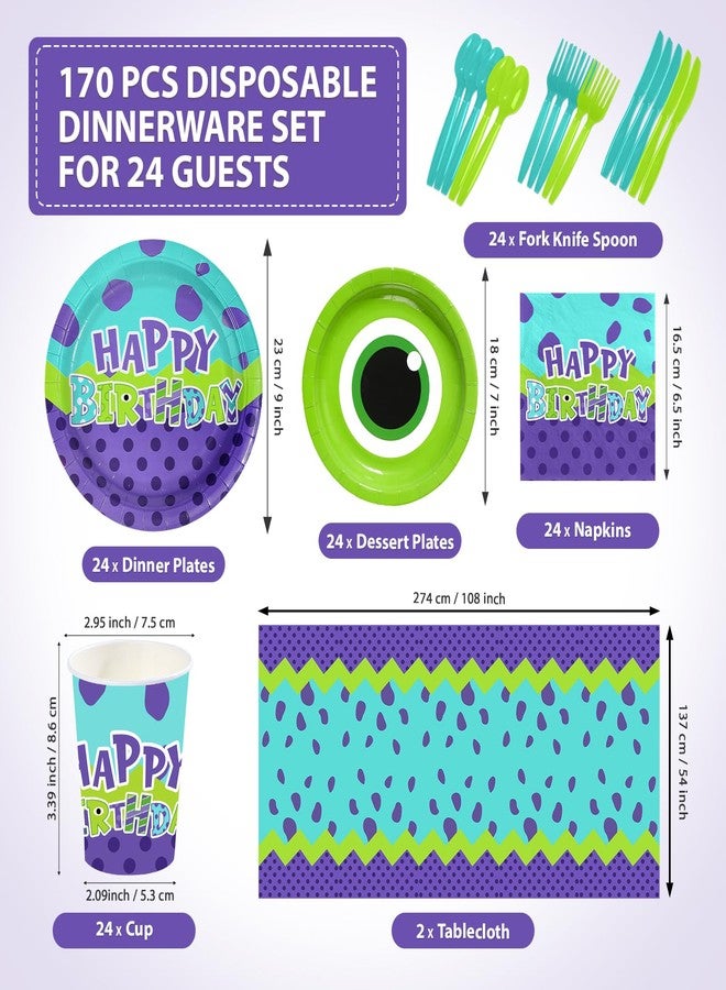Greencian 170Pcs Monster Birthday Party Supplies Monster Themed Plates and Napkins Cups, Forks, Tablecloth Green and Purple Cartoon Party Supplies for Kids Birthday Baby Shower Decoration Serves 24 - Image 2